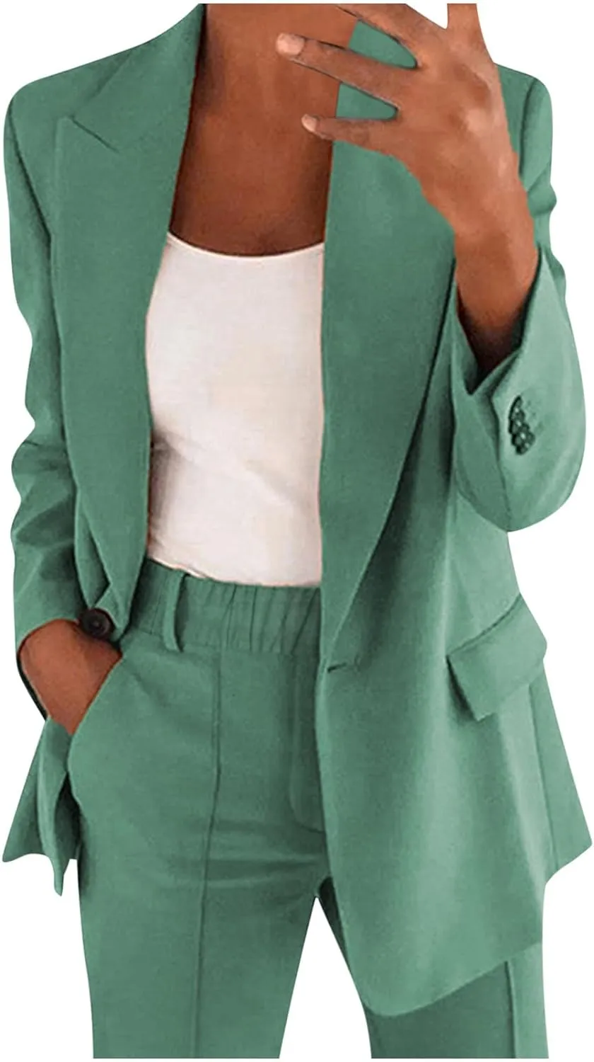 2 Piece Pant Suits for Women Dressy Business Straight Leg Pants Sets Blazer Lapel Comfy Loose Fit Plus Size Outfits