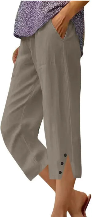 2025 Capri Pants for Women Casual Summer Drawstring Elastic High Waist Linen Pant Straight Leg Cropped Trouser