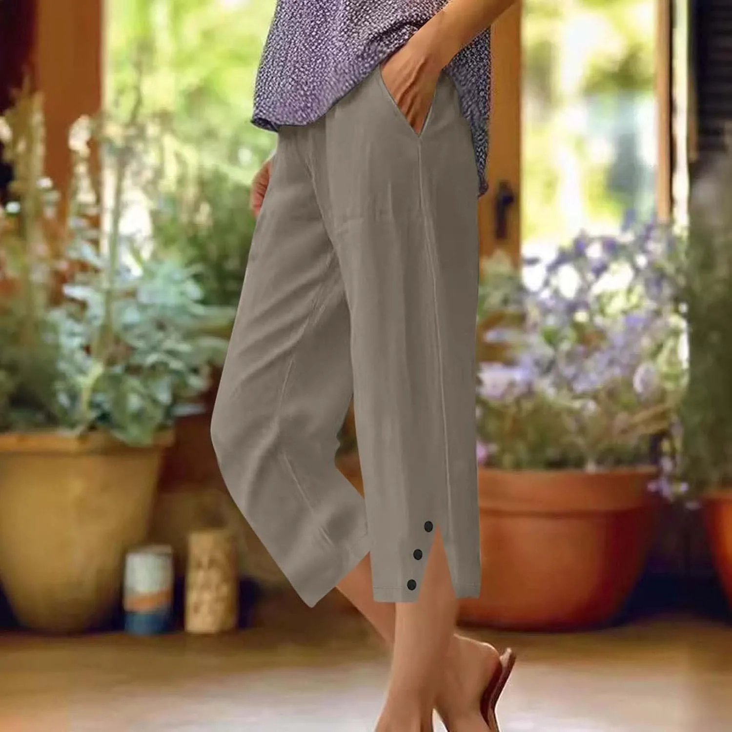 2025 Capri Pants for Women Casual Summer Drawstring Elastic High Waist Linen Pant Straight Leg Cropped Trouser