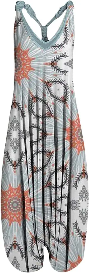 2025 Women Boho Overalls Plus Size Summer Fashion Jumpsuit Loose Fit Rompers Floral Printed Baggy Bohemia Harem Pants