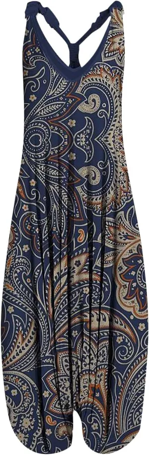 2025 Women Boho Overalls Plus Size Summer Fashion Jumpsuit Loose Fit Rompers Floral Printed Baggy Bohemia Harem Pants