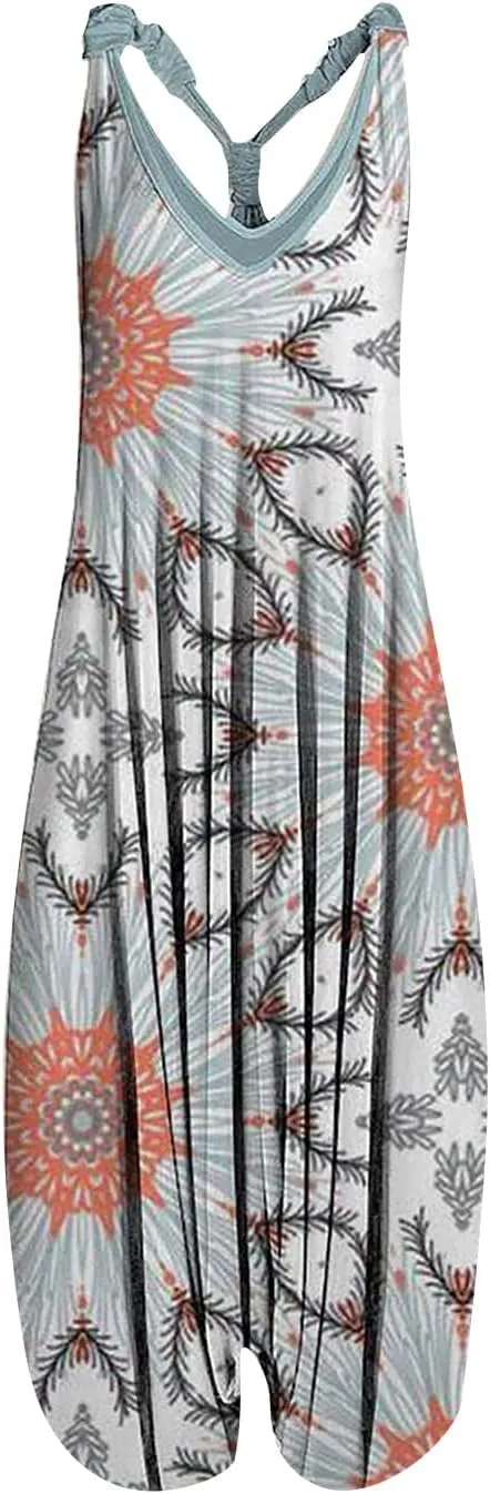 2025 Women Boho Overalls Plus Size Summer Fashion Jumpsuit Loose Fit Rompers Floral Printed Baggy Bohemia Harem Pants