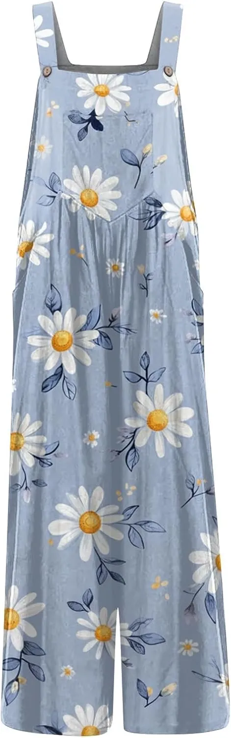 2025 Womens Linen Bib Overalls Summer Floral Printed Patchwork Jumpsuits Casual Boho Romper Wide Harems Pant