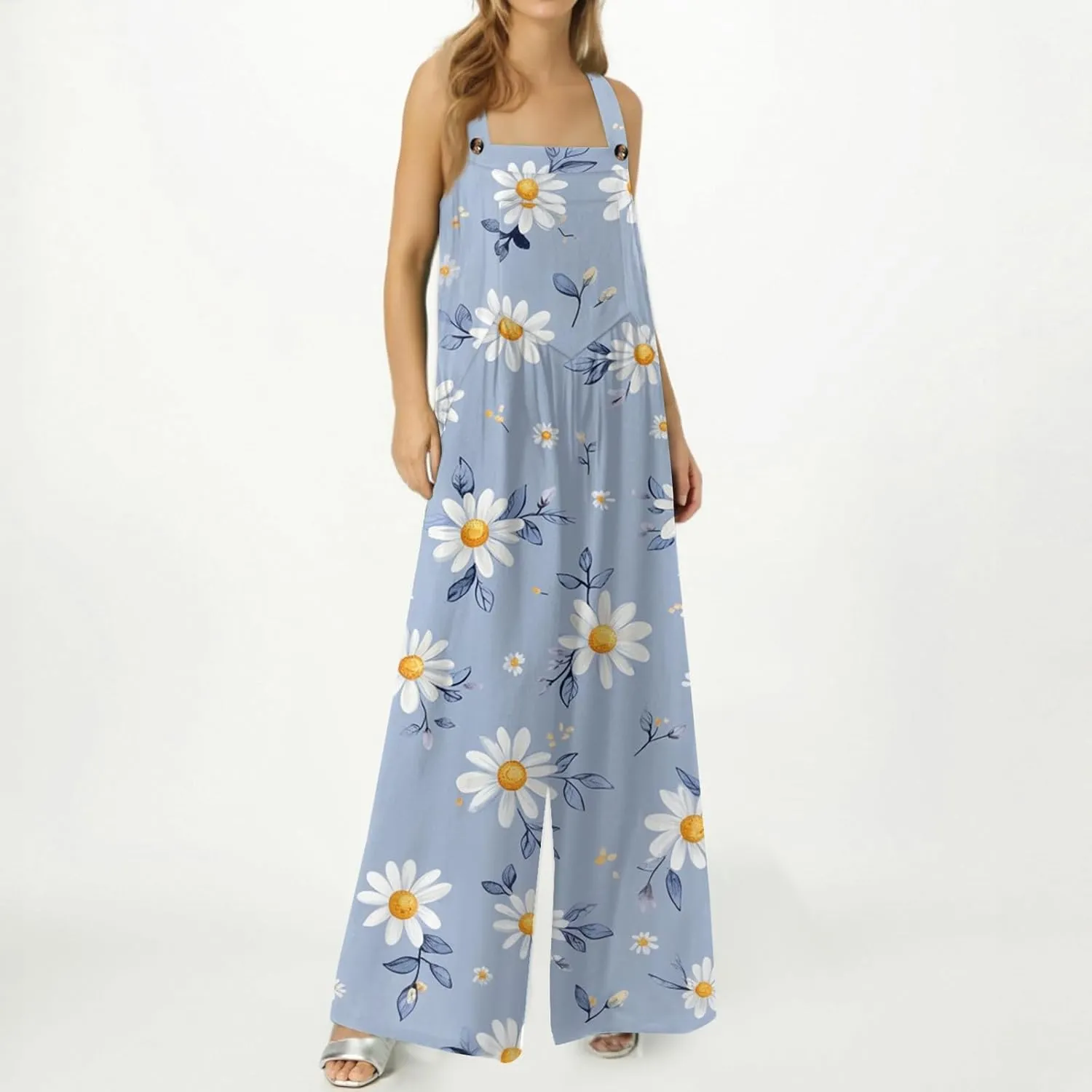 2025 Womens Linen Bib Overalls Summer Floral Printed Patchwork Jumpsuits Casual Boho Romper Wide Harems Pant