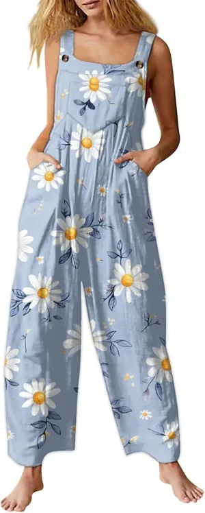 2025 Womens Linen Bib Overalls Summer Floral Printed Patchwork Jumpsuits Casual Boho Romper Wide Harems Pant