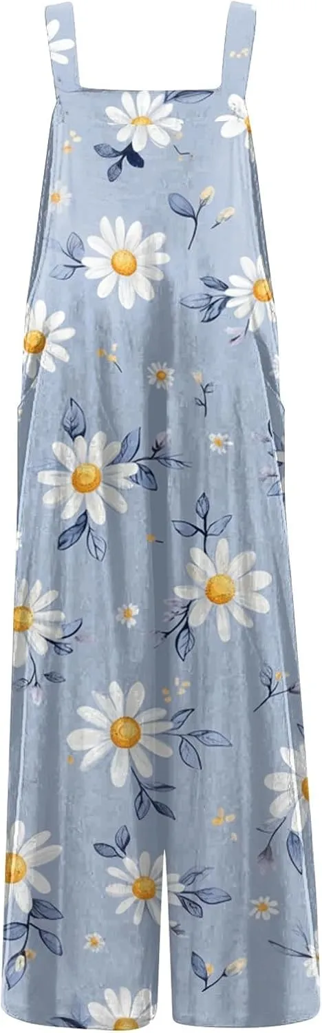 2025 Womens Linen Bib Overalls Summer Floral Printed Patchwork Jumpsuits Casual Boho Romper Wide Harems Pant