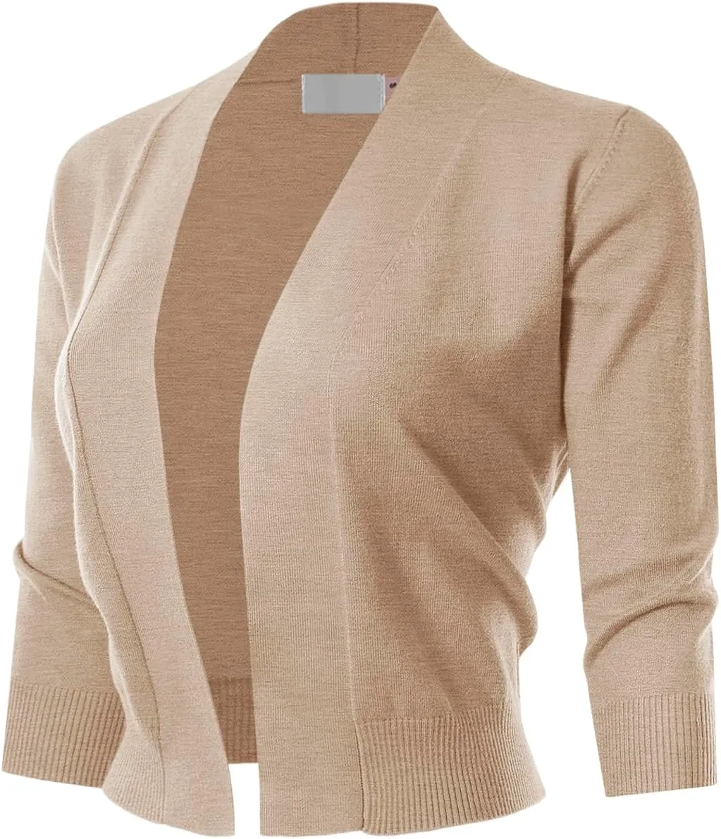 3/4 Sleeve Solid Open Bolero Cropped Cardigan for Women (S-3XL)
