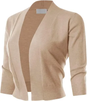 3/4 Sleeve Solid Open Bolero Cropped Cardigan for Women (S-3XL)