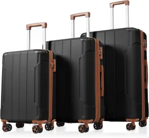 3pcs Luggage Set, Expandable Hard Shell Abs Suitcases With Double Spinner Wheels, Tsa Lock, 20/24 / 28 Inch, Black Brown  Durable Travel Luggage