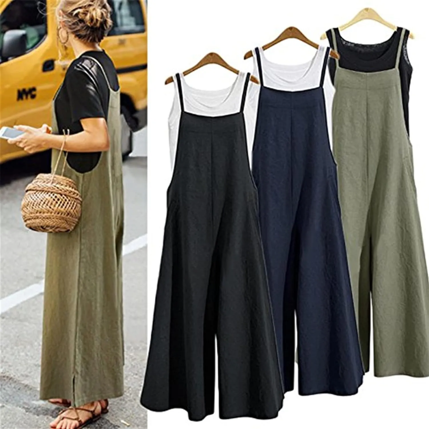 Aedvoouer Women's Baggy Plus Size Overalls Cotton Linen Jumpsuits Wide Leg Harem Pants Casual Rompers