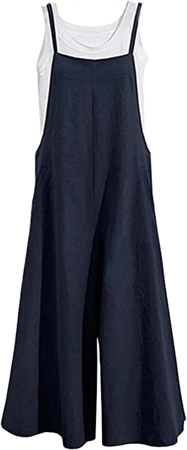 Aedvoouer Women's Baggy Plus Size Overalls Cotton Linen Jumpsuits Wide Leg Harem Pants Casual Rompers