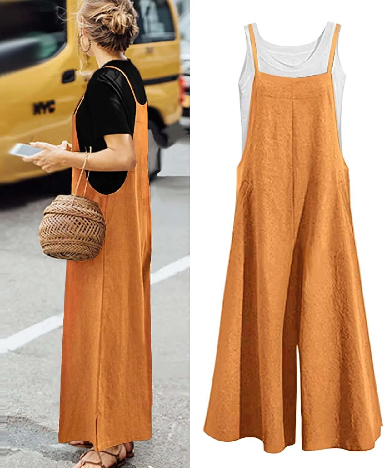Aedvoouer Women's Baggy Plus Size Overalls Cotton Linen Jumpsuits Wide Leg Harem Pants Casual Rompers
