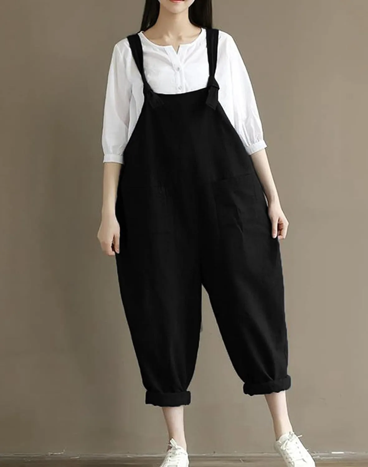 Aedvoouer Women's Jumpsuits Overalls Plus Size Wide Leg Loose Cotton Linen Baggy Bib Pants
