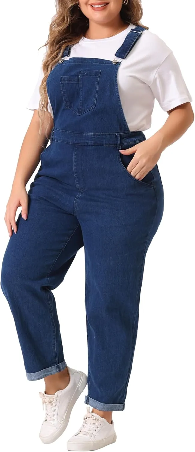 Agnes Orinda Women's Plus Size Casual Stretch Adjustable Denim Bib Overalls Jeans Pants Jumpsuits