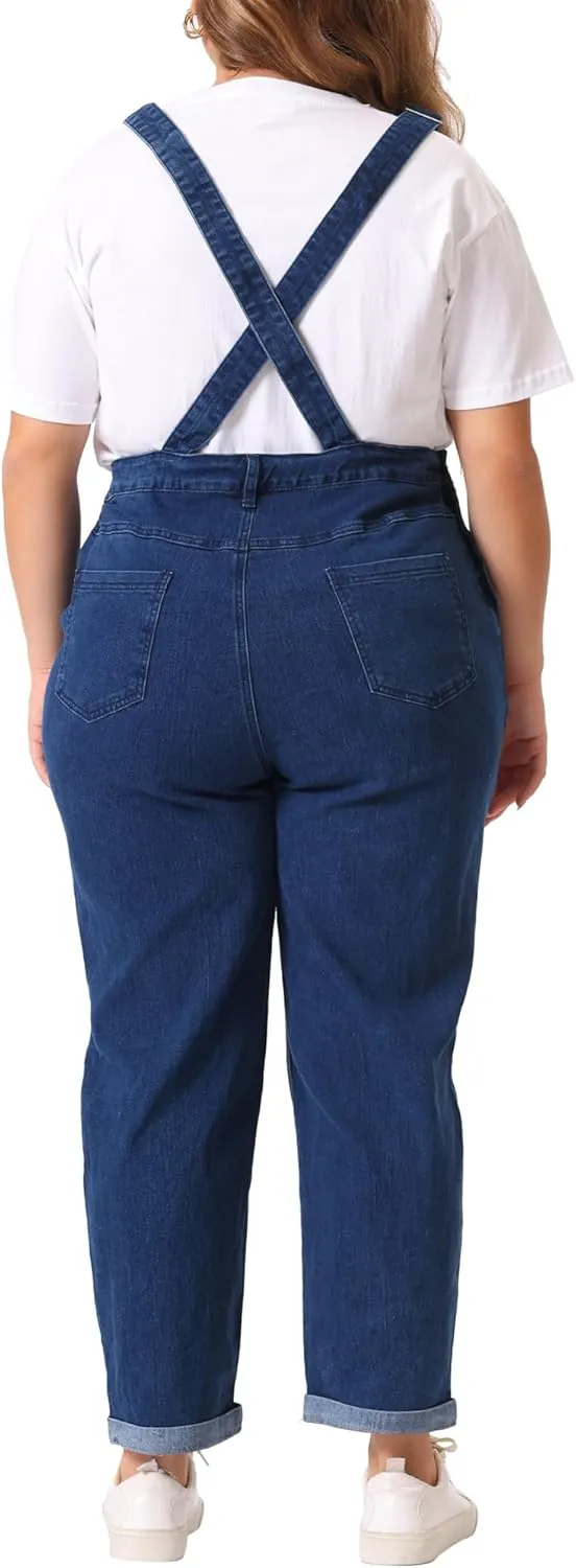 Agnes Orinda Women's Plus Size Casual Stretch Adjustable Denim Bib Overalls Jeans Pants Jumpsuits