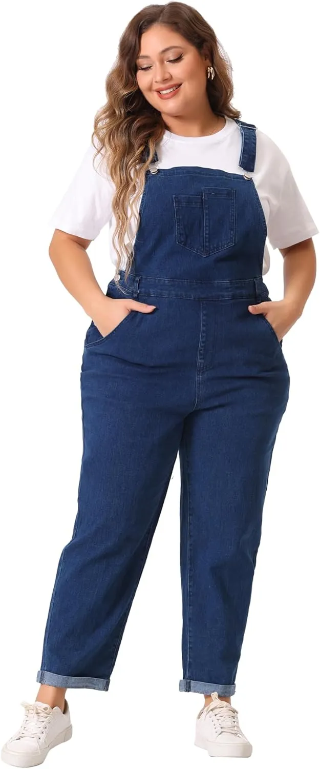 Agnes Orinda Women's Plus Size Casual Stretch Adjustable Denim Bib Overalls Jeans Pants Jumpsuits