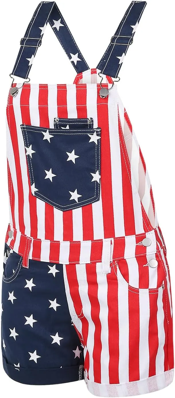 American Flag Overalls Denim Bib Romper Independence Day Striped Stars Jumpsuit USA 4th of July Outfit for Men Women