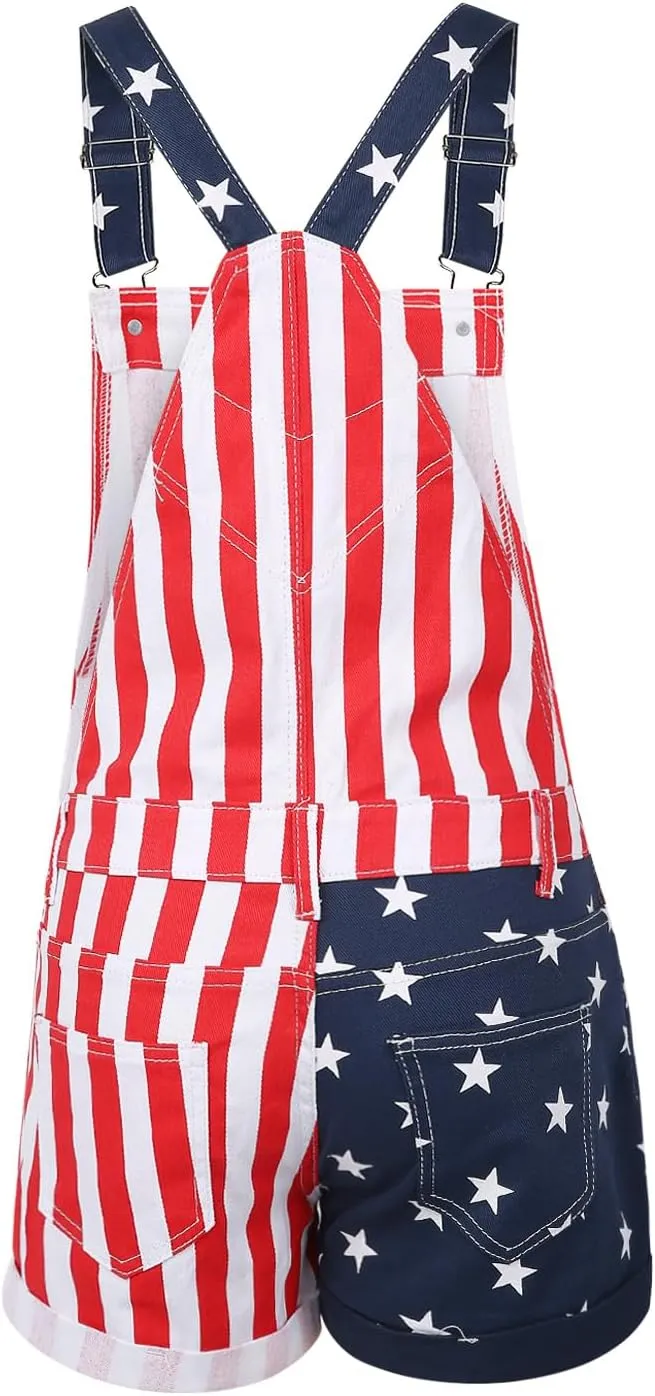 American Flag Overalls Denim Bib Romper Independence Day Striped Stars Jumpsuit USA 4th of July Outfit for Men Women