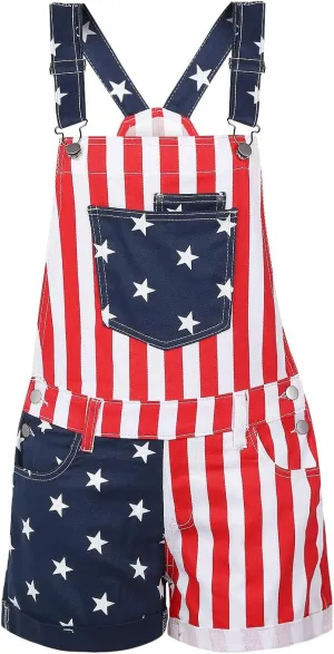 American Flag Overalls Denim Bib Romper Independence Day Striped Stars Jumpsuit USA 4th of July Outfit for Men Women
