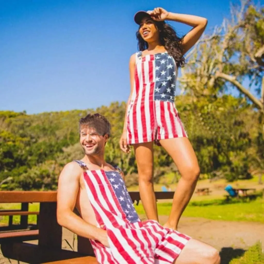 American Flag Overalls Shorts for Men 4th of July Red White and Blue Bib Short Overall Patriotic USA Jumpsuit Outfits