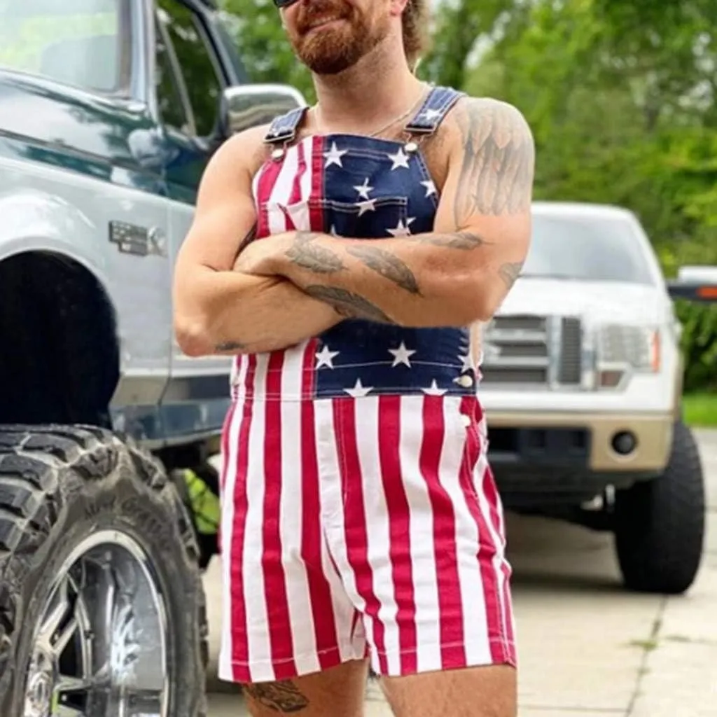 American Flag Overalls Shorts for Men 4th of July Red White and Blue Bib Short Overall Patriotic USA Jumpsuit Outfits
