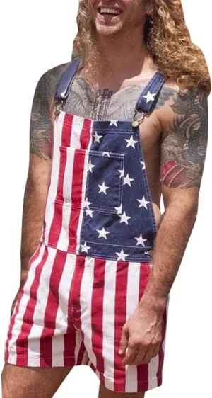 American Flag Overalls Shorts for Men 4th of July Red White and Blue Bib Short Overall Patriotic USA Jumpsuit Outfits