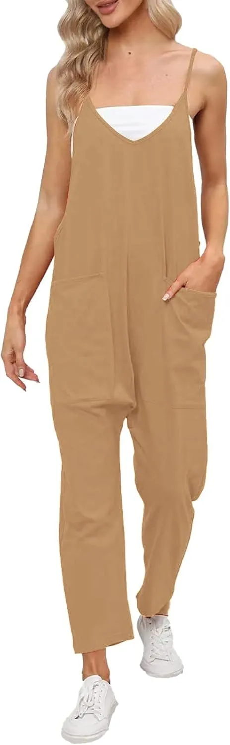 Aniywn Spaghetti Strap Overalls Long Harem Pants Romper Casual Loose Sleeveless Rompers Baggy Overalls Jumpers with Pockets