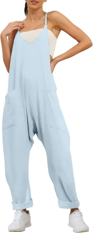 Aniywn Spaghetti Strap Overalls Long Harem Pants Romper Casual Loose Sleeveless Rompers Baggy Overalls Jumpers with Pockets