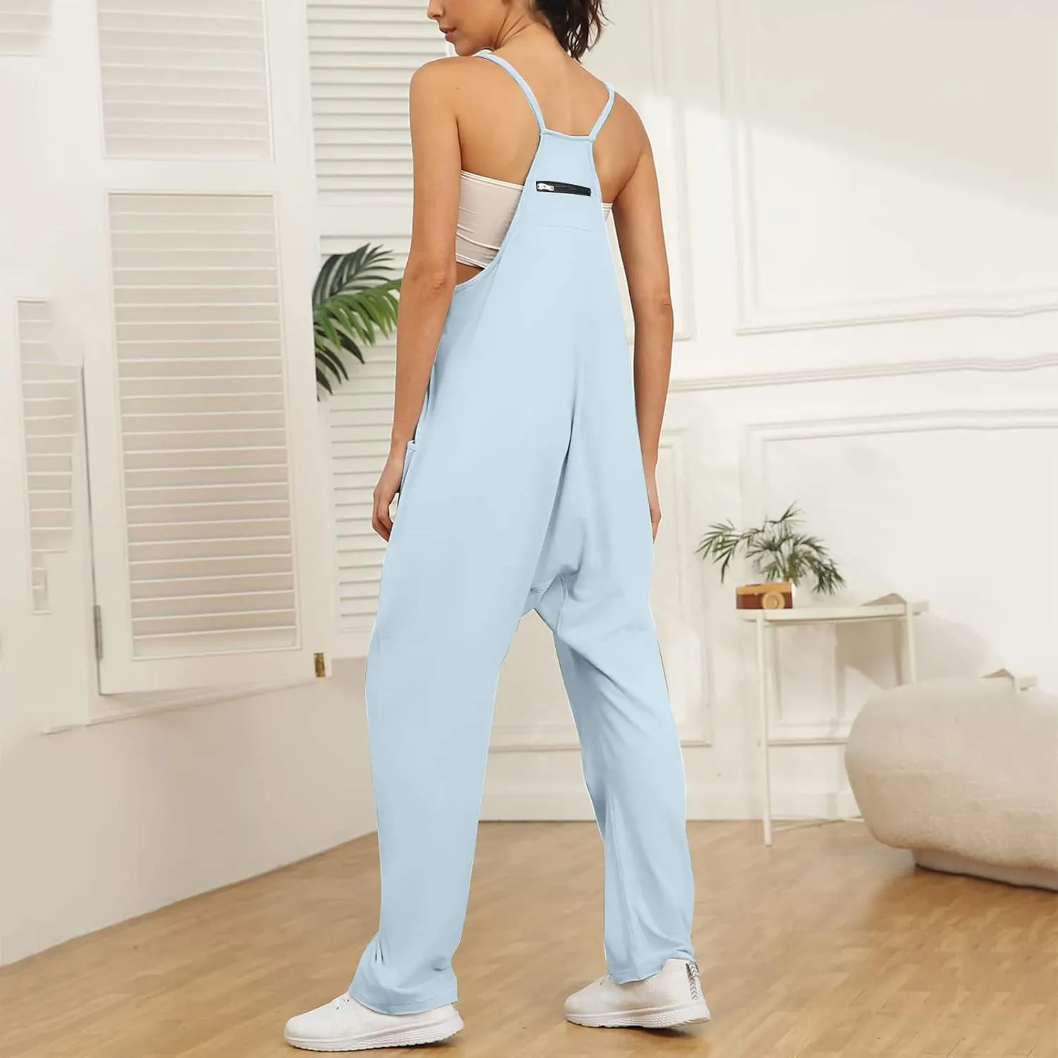 Aniywn Spaghetti Strap Overalls Long Harem Pants Romper Casual Loose Sleeveless Rompers Baggy Overalls Jumpers with Pockets