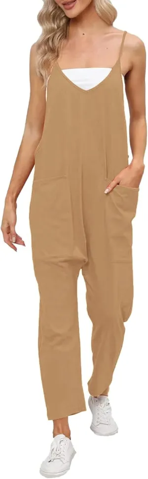 Aniywn Spaghetti Strap Overalls Long Harem Pants Romper Casual Loose Sleeveless Rompers Baggy Overalls Jumpers with Pockets