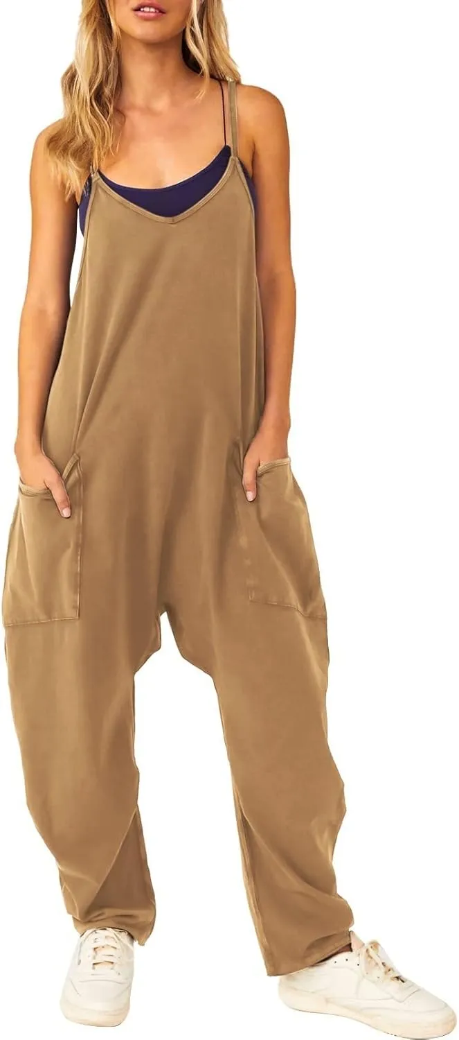 Aniywn Spaghetti Strap Overalls Long Harem Pants Romper Casual Loose Sleeveless Rompers Baggy Overalls Jumpers with Pockets