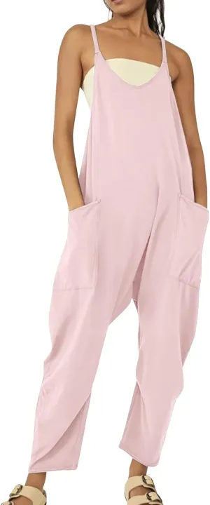 Aniywn Spaghetti Strap Overalls Long Harem Pants Romper Casual Loose Sleeveless Rompers Baggy Overalls Jumpers with Pockets