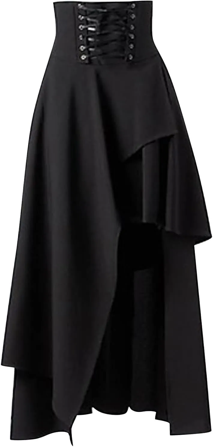 Aniywn Women's Lace Steampunk Gothic Long Maxi Skirt Victorian Ruffles Asymmetrical High-Low Skirt Dress for Party