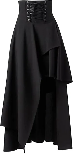 Aniywn Women's Lace Steampunk Gothic Long Maxi Skirt Victorian Ruffles Asymmetrical High-Low Skirt Dress for Party