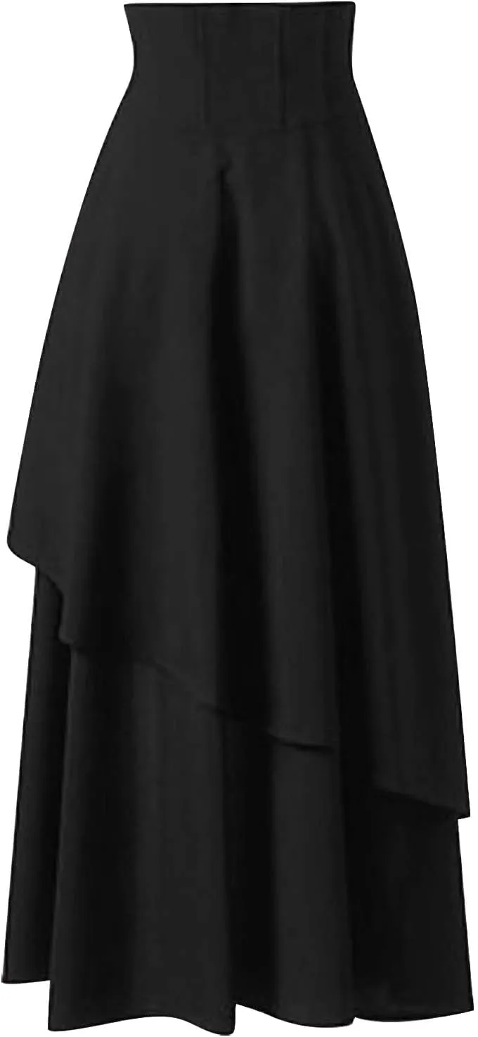 Aniywn Women's Lace Steampunk Gothic Long Maxi Skirt Victorian Ruffles Asymmetrical High-Low Skirt Dress for Party
