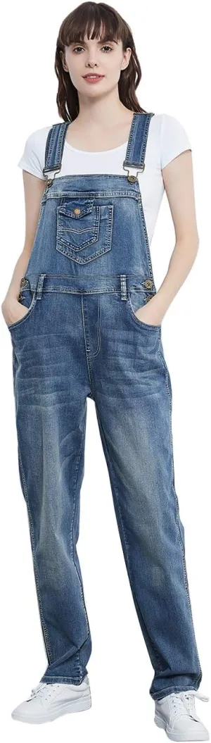 Anna-Kaci Womens Vintage Wash Straight Leg Denim Overalls With Pocket Bib