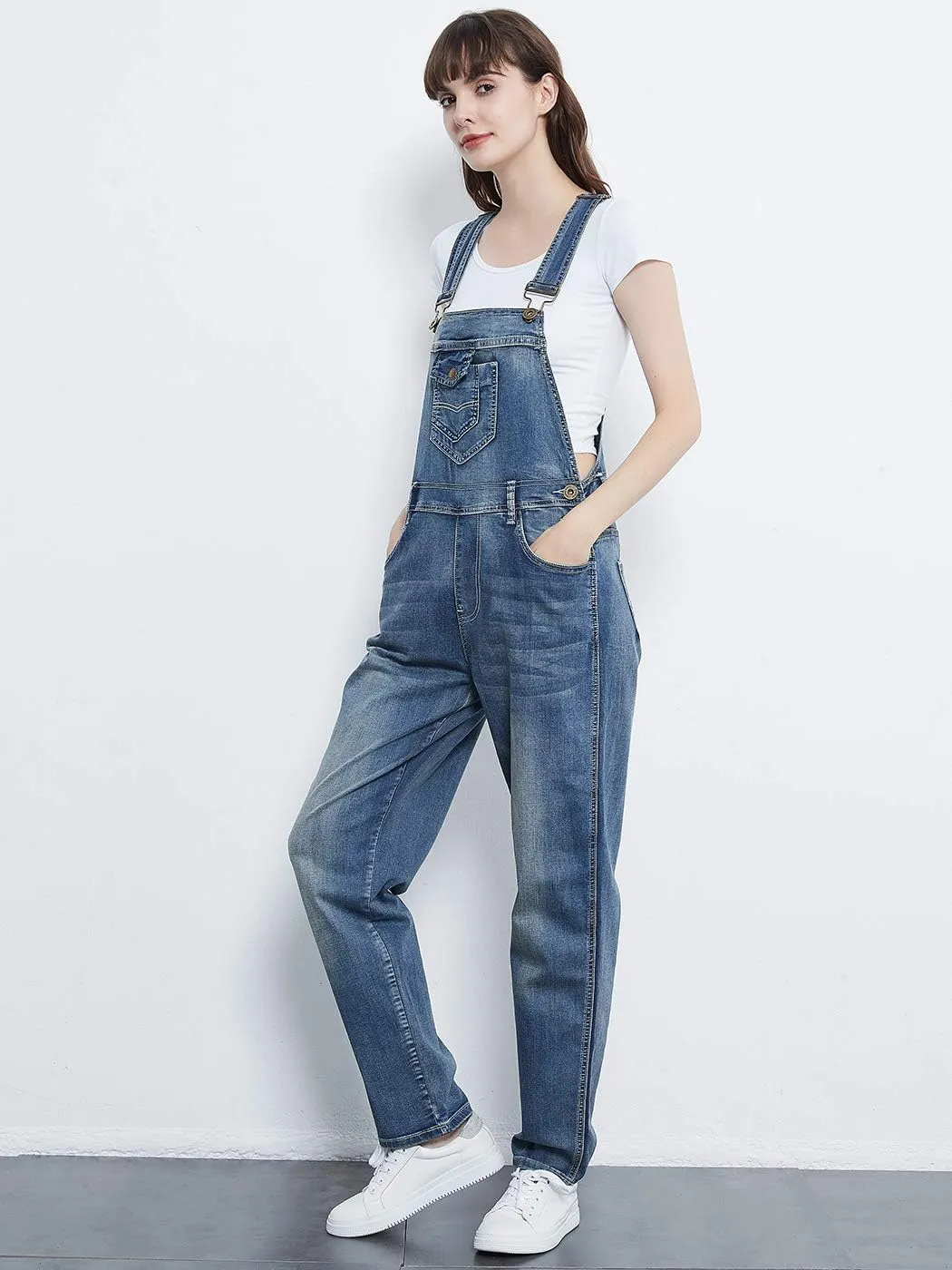 Anna-Kaci Womens Vintage Wash Straight Leg Denim Overalls With Pocket Bib