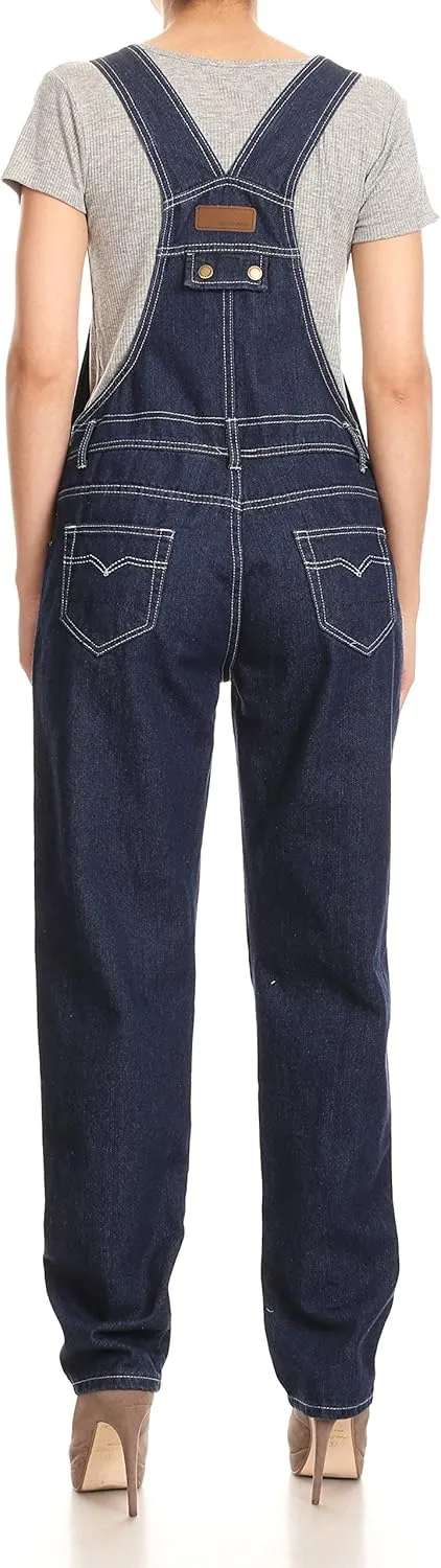 Anna-Kaci Womens Vintage Wash Straight Leg Denim Overalls With Pocket Bib