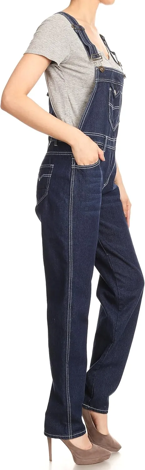 Anna-Kaci Womens Vintage Wash Straight Leg Denim Overalls With Pocket Bib
