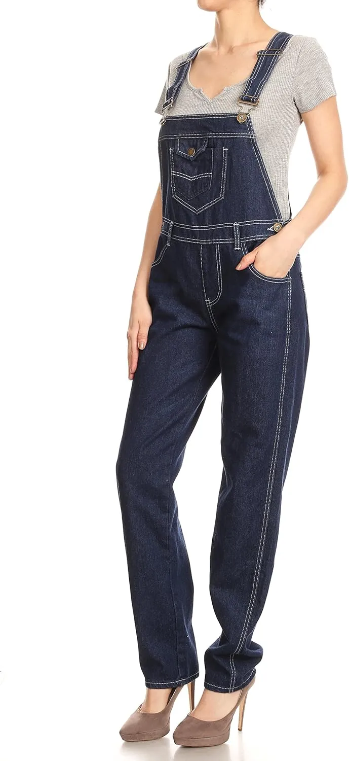 Anna-Kaci Womens Vintage Wash Straight Leg Denim Overalls With Pocket Bib