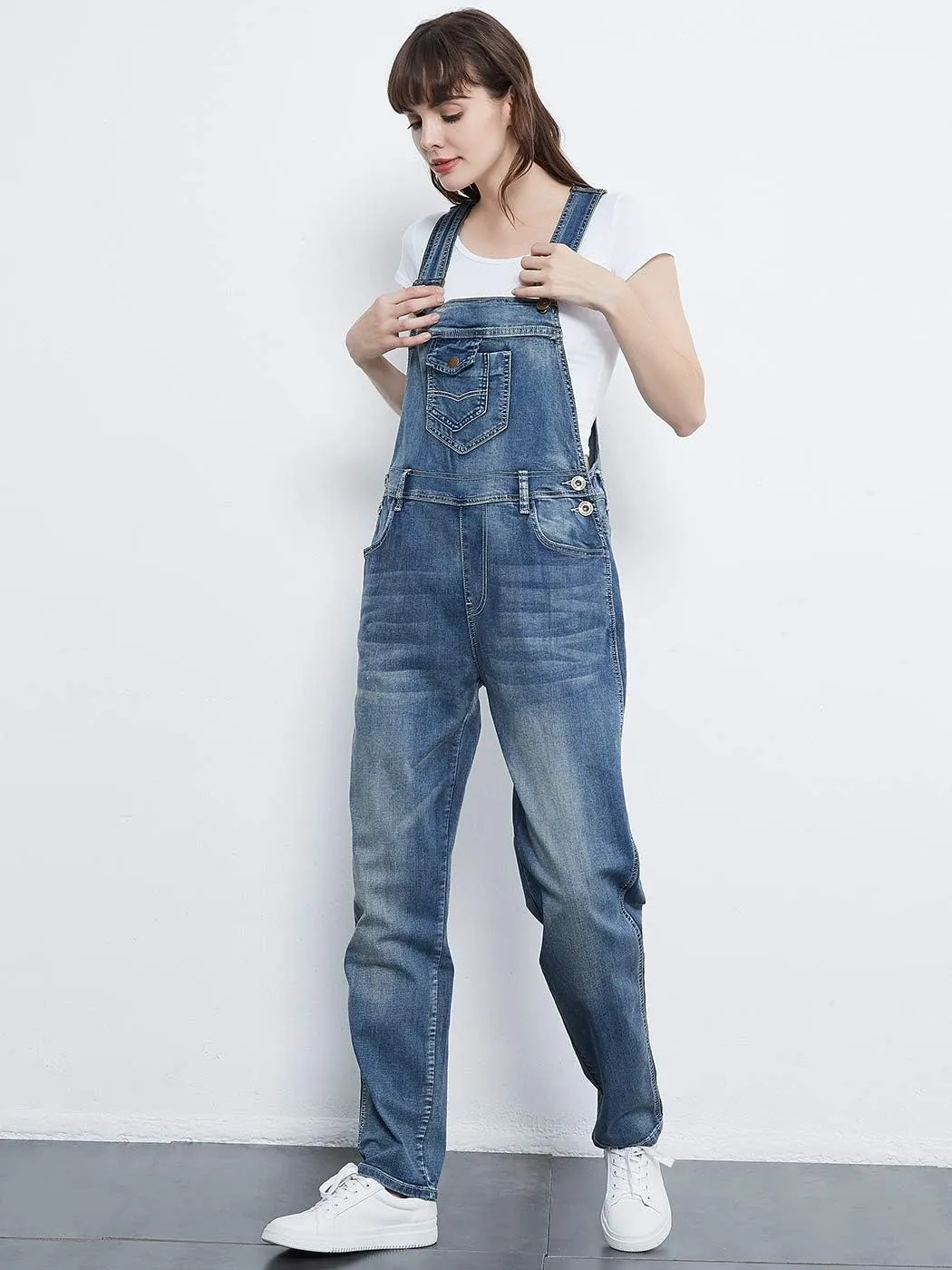 Anna-Kaci Womens Vintage Wash Straight Leg Denim Overalls With Pocket Bib