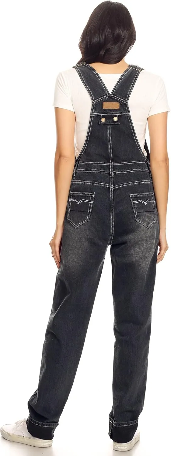 Anna-Kaci Womens Vintage Wash Straight Leg Denim Overalls With Pocket Bib