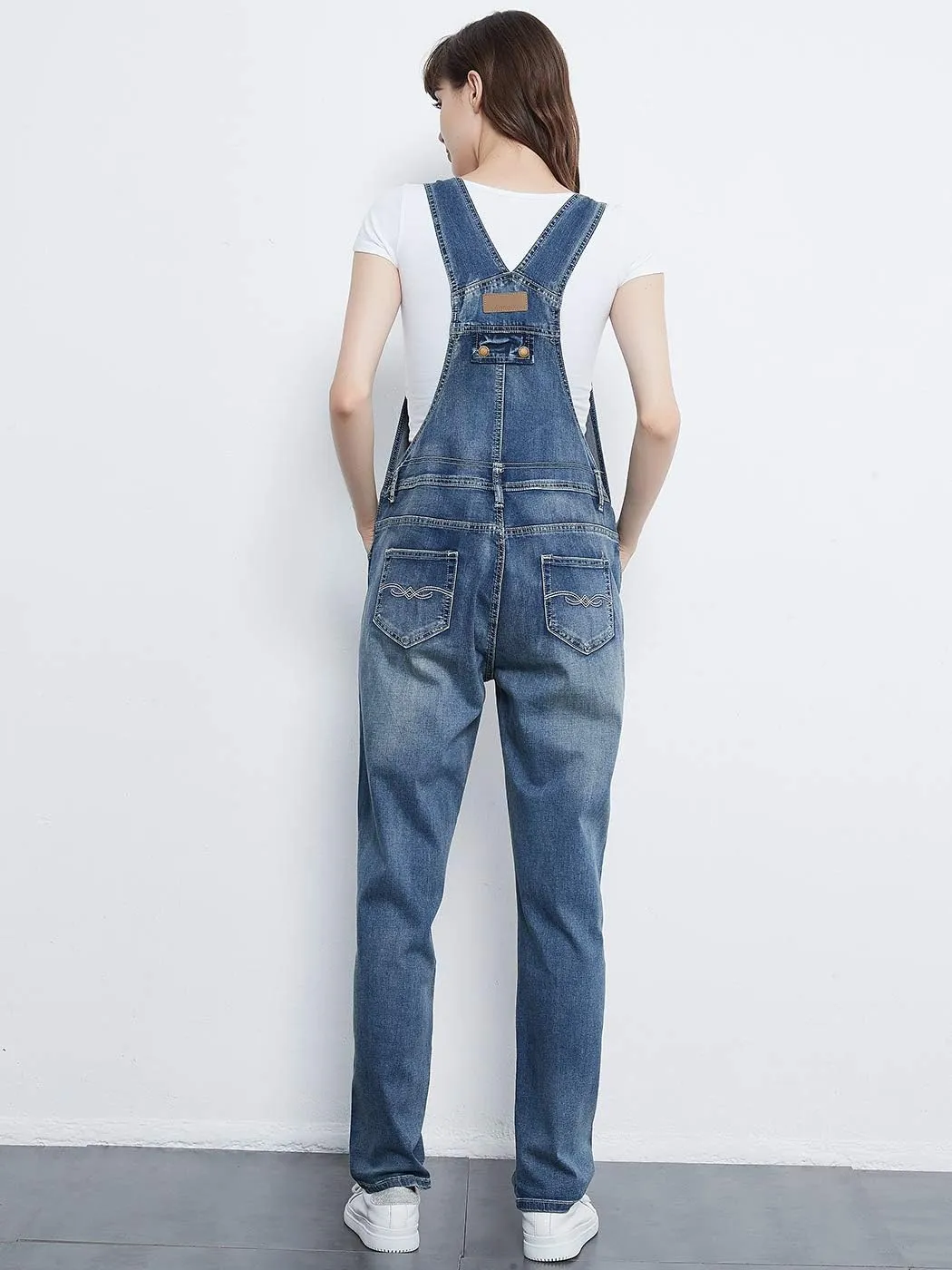 Anna-Kaci Womens Vintage Wash Straight Leg Denim Overalls With Pocket Bib