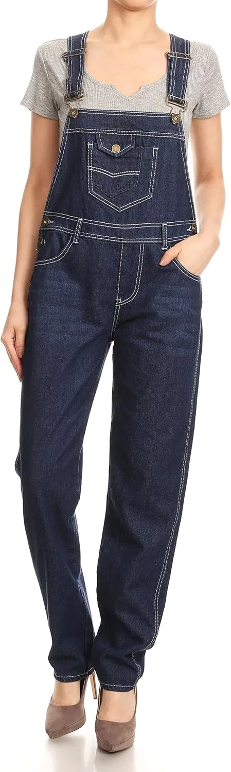 Anna-Kaci Womens Vintage Wash Straight Leg Denim Overalls With Pocket Bib