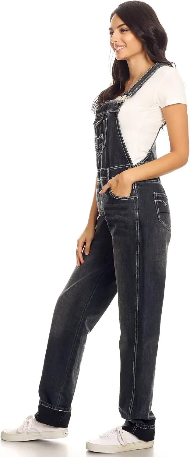 Anna-Kaci Womens Vintage Wash Straight Leg Denim Overalls With Pocket Bib