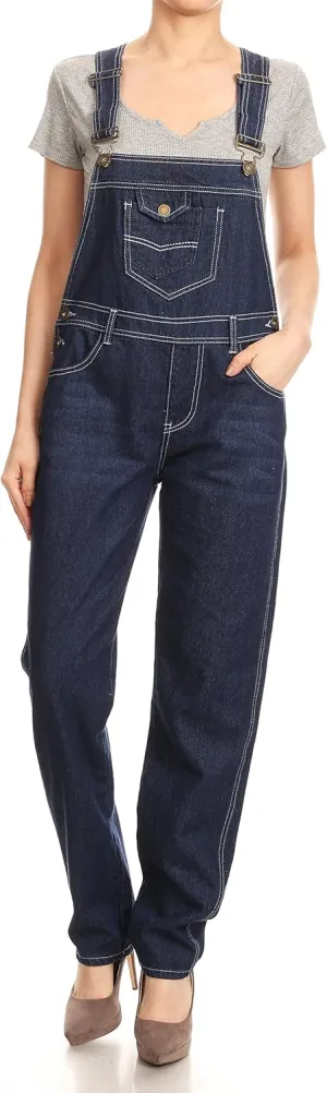 Anna-Kaci Womens Vintage Wash Straight Leg Denim Overalls With Pocket Bib