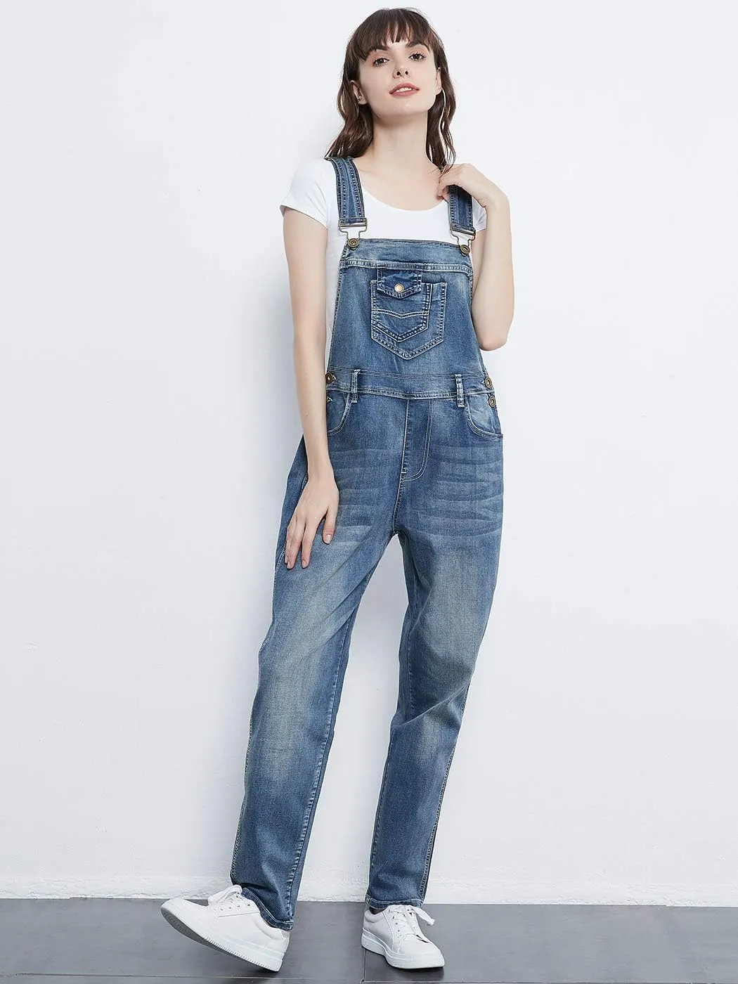 Anna-Kaci Womens Vintage Wash Straight Leg Denim Overalls With Pocket Bib