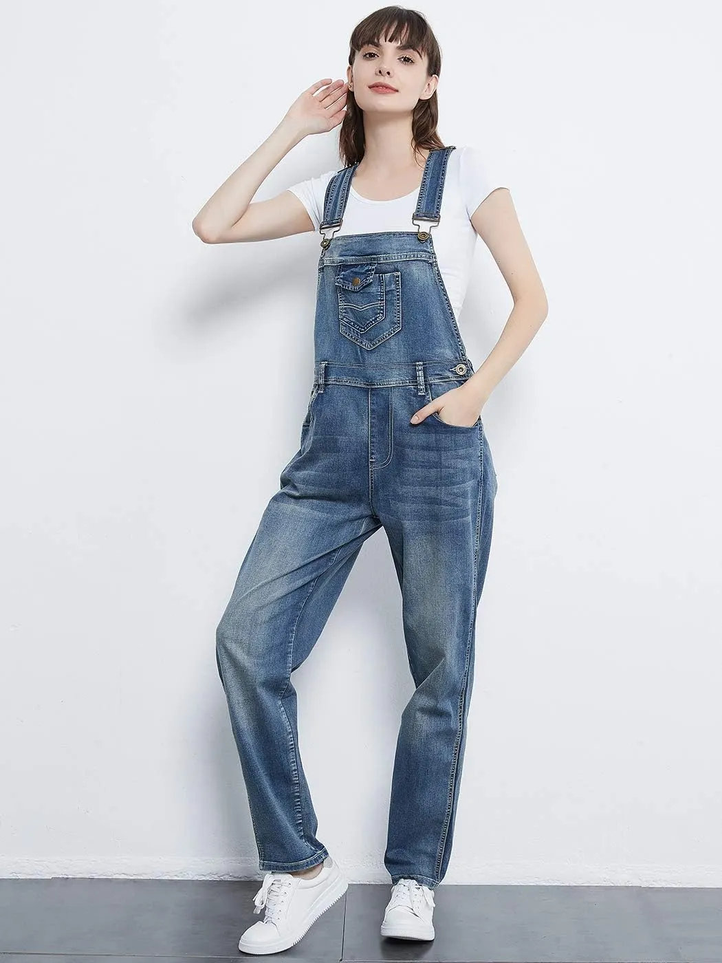 Anna-Kaci Womens Vintage Wash Straight Leg Denim Overalls With Pocket Bib