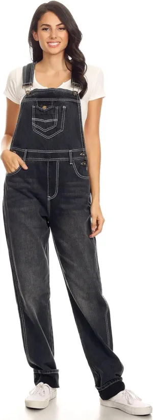 Anna-Kaci Womens Vintage Wash Straight Leg Denim Overalls With Pocket Bib
