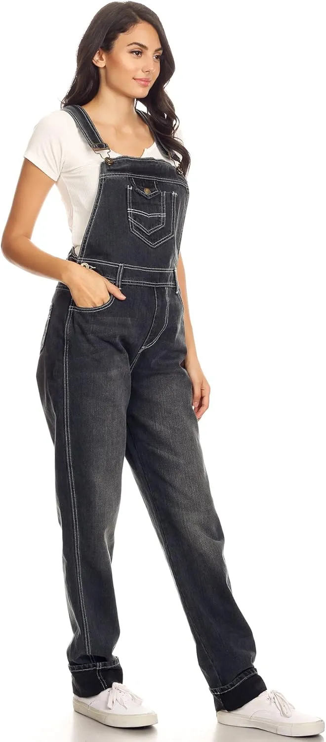 Anna-Kaci Womens Vintage Wash Straight Leg Denim Overalls With Pocket Bib
